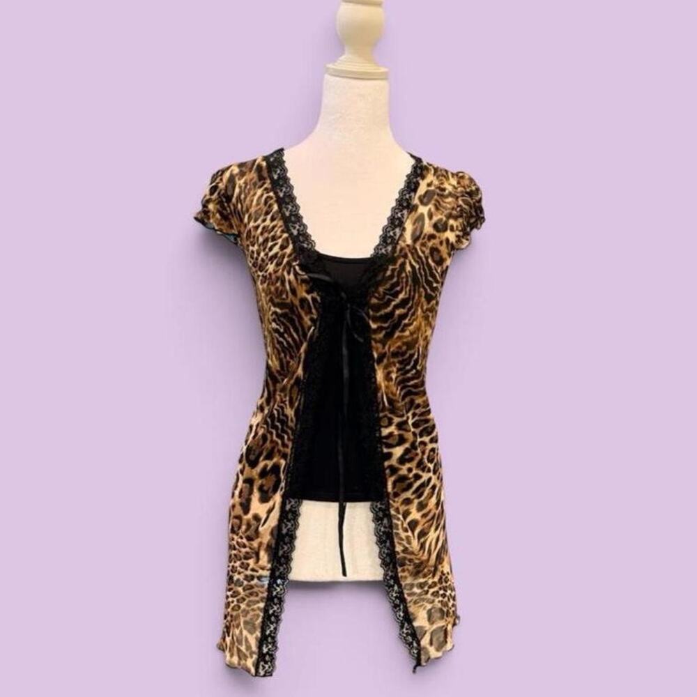 Leopard print lace trim cardigan